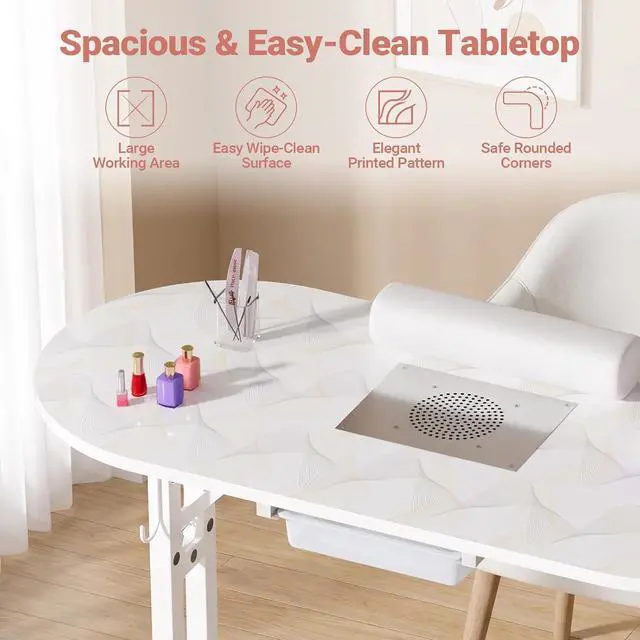 Alt view image 7 of 7 - Foldable Portable Nail Desk Manicure Table w/ Dust Collector & Lamp, White | Rolling Nail Station w/ Drawer, Mobile Manicure Desk, Home Travel Salon, Wrist Cushion, Lockable Wheels, 4 Hooks, Dust Bags