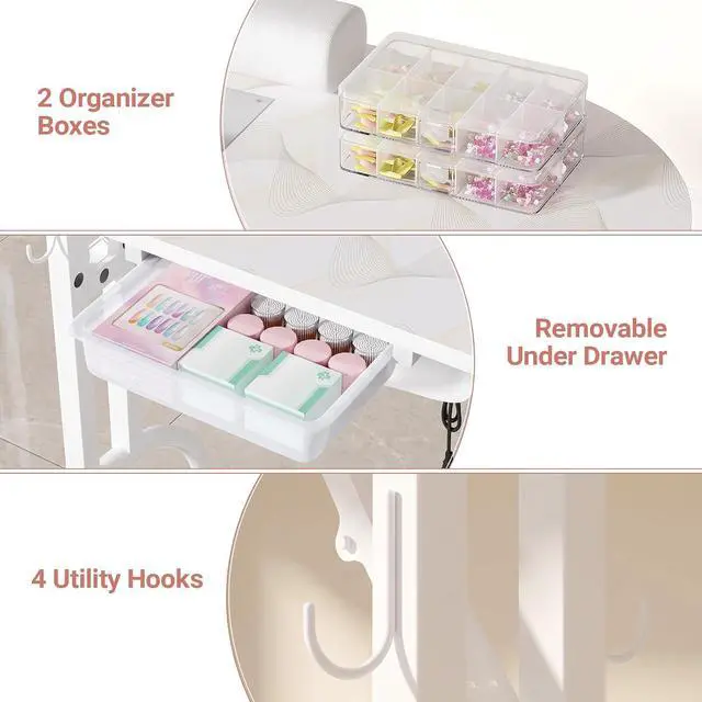 Alt view image 6 of 7 - Foldable Portable Nail Desk Manicure Table w/ Dust Collector & Lamp, White | Rolling Nail Station w/ Drawer, Mobile Manicure Desk, Home Travel Salon, Wrist Cushion, Lockable Wheels, 4 Hooks, Dust Bags