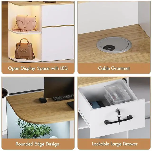 Alt view image 5 of 7 - Modern Reception Desk with LED Light and Hidden Power Outlet, Front Desk with DIY Metal Strips, Reception Counter Table for Checkout, Office, Lobby, Nail Salon Spa (White+Wood