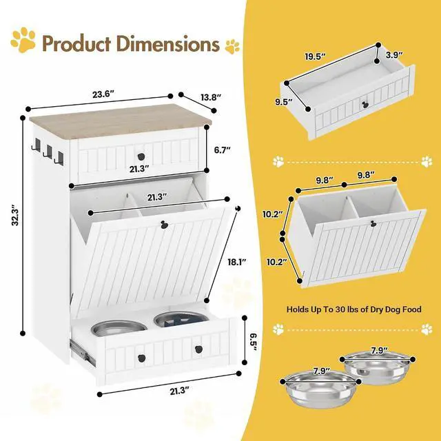 Alt view image 2 of 7 - Dog Feeding Station Cabinet Elevated Bowls (White, Classic Panel) | Slow Feeder Insert, Large food bin, Removable Divider, 3 Side Hooks, Pull-Out Drawer, Easy to Clean for Small & Middle Dogs
