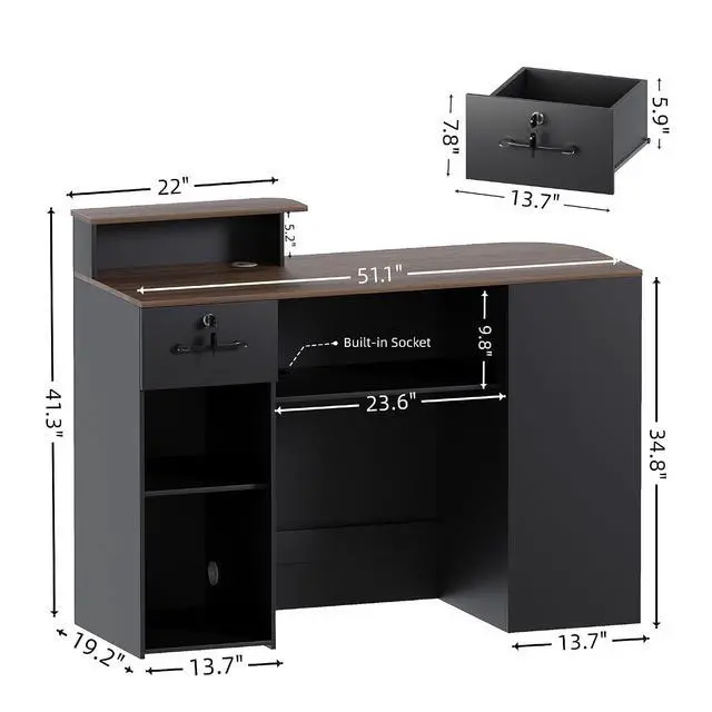 Alt view image 2 of 7 - Modern Reception Desk, 51 Front Desk with LED Light, 2-Tier Open Front Storage, Lockable Drawer & Hidden Power Outlet, Reception Counter Table for Office, Lobby, Nail Salon Spa (Black)