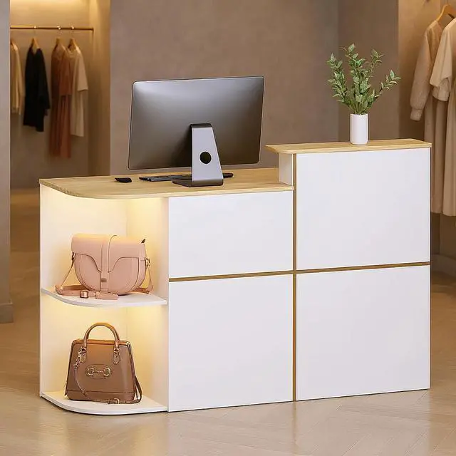 Alt view image 4 of 7 - Modern Reception Desk with LED Light and Hidden Power Outlet, Front Desk with DIY Metal Strips, Reception Counter Table for Checkout, Office, Lobby, Nail Salon Spa (White+Wood