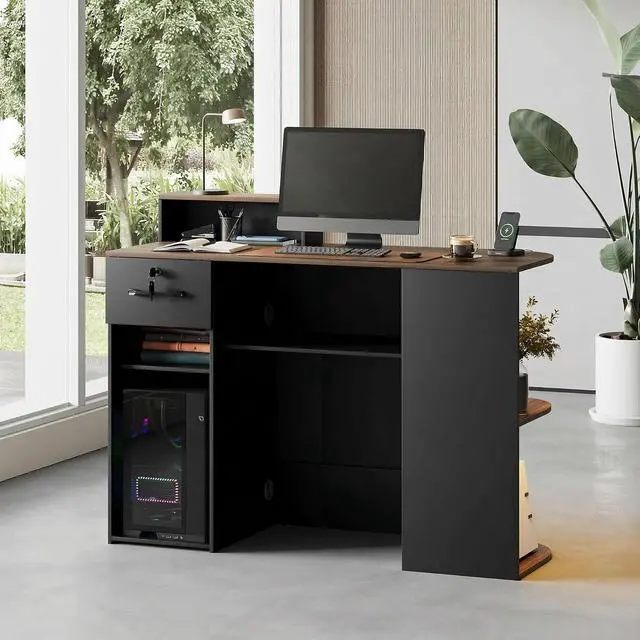 Alt view image 4 of 7 - Modern Reception Desk, 51 Front Desk with LED Light, 2-Tier Open Front Storage, Lockable Drawer & Hidden Power Outlet, Reception Counter Table for Office, Lobby, Nail Salon Spa (Black)