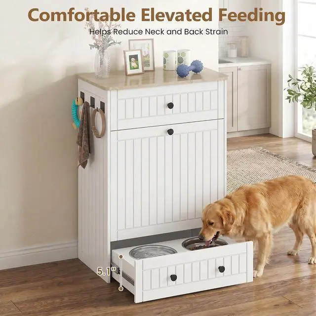 Alt view image 5 of 7 - Dog Feeding Station Cabinet Elevated Bowls (White, Classic Panel) | Slow Feeder Insert, Large food bin, Removable Divider, 3 Side Hooks, Pull-Out Drawer, Easy to Clean for Small & Middle Dogs