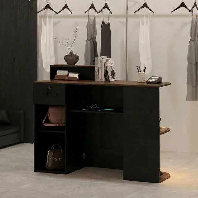 Alt view image 3 of 7 - Modern Reception Desk, 51 Front Desk with LED Light, 2-Tier Open Front Storage, Lockable Drawer & Hidden Power Outlet, Reception Counter Table for Office, Lobby, Nail Salon Spa (Black)