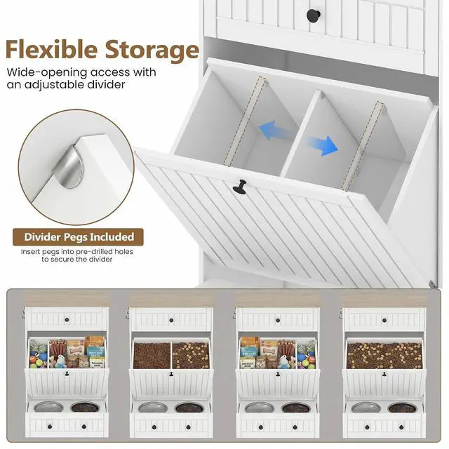 Alt view image 4 of 7 - Dog Feeding Station Cabinet Elevated Bowls (White, Classic Panel) | Slow Feeder Insert, Large food bin, Removable Divider, 3 Side Hooks, Pull-Out Drawer, Easy to Clean for Small & Middle Dogs
