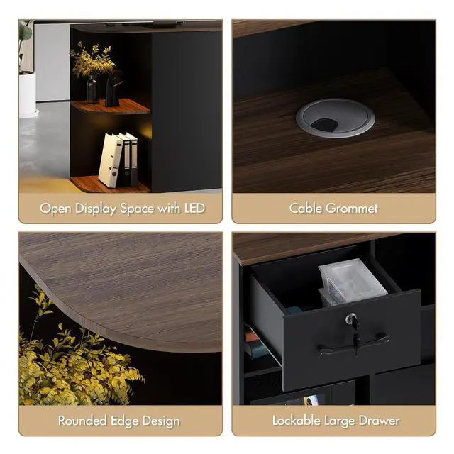 Alt view image 6 of 7 - Modern Reception Desk, 51 Front Desk with LED Light, 2-Tier Open Front Storage, Lockable Drawer & Hidden Power Outlet, Reception Counter Table for Office, Lobby, Nail Salon Spa (Black)