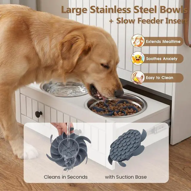 Alt view image 7 of 7 - Dog Feeding Station Cabinet Elevated Bowls (White, Classic Panel) | Slow Feeder Insert, Large food bin, Removable Divider, 3 Side Hooks, Pull-Out Drawer, Easy to Clean for Small & Middle Dogs