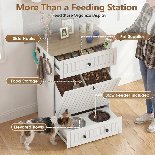 Alt view image 3 of 7 - Dog Feeding Station Cabinet Elevated Bowls (White, Classic Panel) | Slow Feeder Insert, Large food bin, Removable Divider, 3 Side Hooks, Pull-Out Drawer, Easy to Clean for Small & Middle Dogs