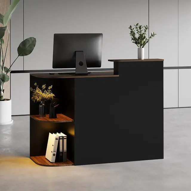 Main image of Modern Reception Desk, 51 Front Desk with LED Light, 2-Tier Open Front Storage, Lockable Drawer & Hidden Power Outlet, Reception Counter Table for Office, Lobby, Nail Salon Spa (Black)