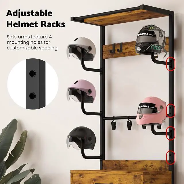 Alt view image 3 of 7 - Freestanding Floor Mounted Helmet & Gear Storage Rack, Adjustable Organizer with Glove Clips, Hooks, Drawer & Shoe Shelf for Motorcycle, Cycling, Skiing Equipment