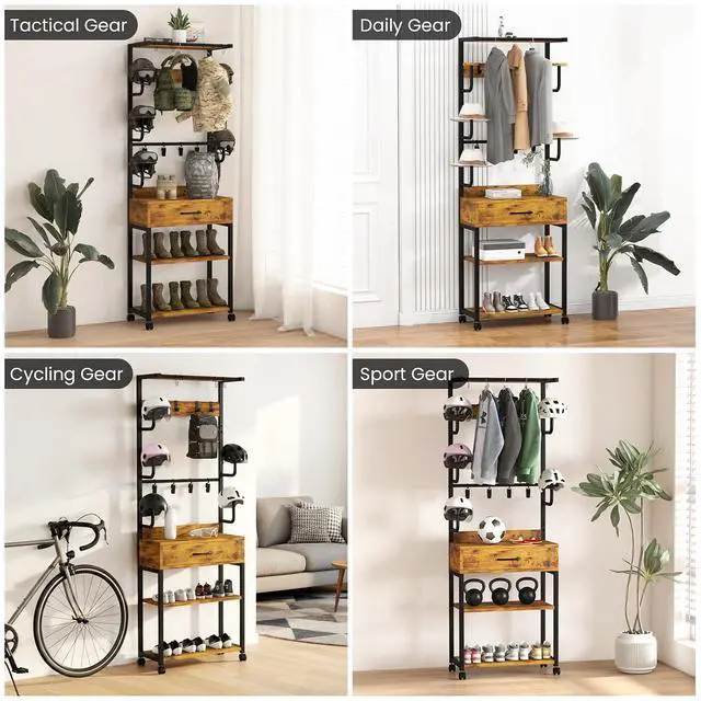 Alt view image 4 of 7 - Freestanding Floor Mounted Helmet & Gear Storage Rack, Adjustable Organizer with Glove Clips, Hooks, Drawer & Shoe Shelf for Motorcycle, Cycling, Skiing Equipment