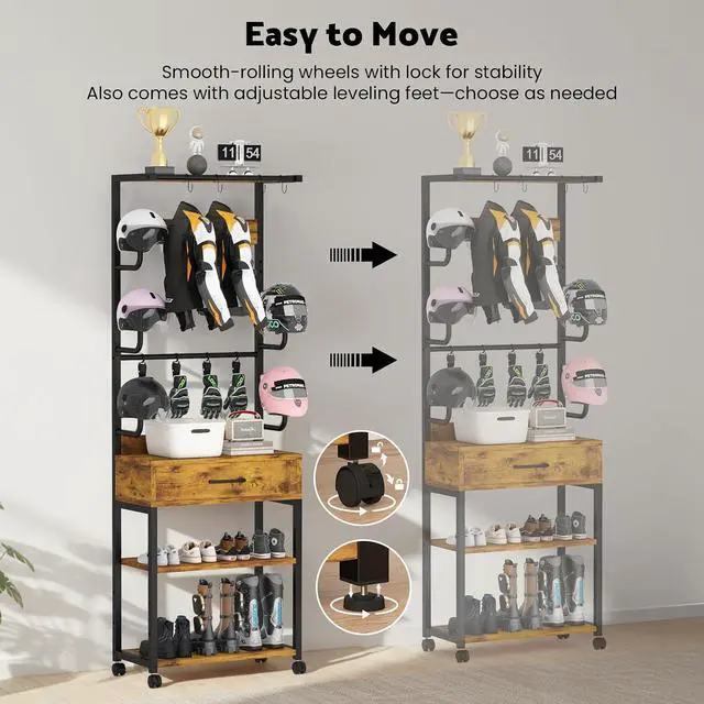 Alt view image 5 of 7 - Freestanding Floor Mounted Helmet & Gear Storage Rack, Adjustable Organizer with Glove Clips, Hooks, Drawer & Shoe Shelf for Motorcycle, Cycling, Skiing Equipment