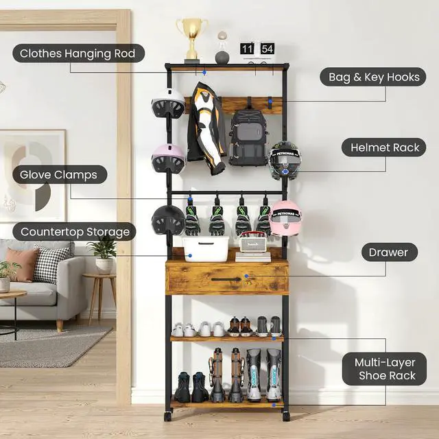 Alt view image 6 of 7 - Freestanding Floor Mounted Helmet & Gear Storage Rack, Adjustable Organizer with Glove Clips, Hooks, Drawer & Shoe Shelf for Motorcycle, Cycling, Skiing Equipment