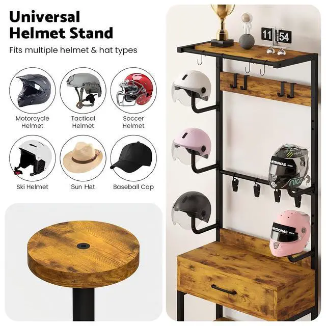 Alt view image 7 of 7 - Freestanding Floor Mounted Helmet & Gear Storage Rack, Adjustable Organizer with Glove Clips, Hooks, Drawer & Shoe Shelf for Motorcycle, Cycling, Skiing Equipment