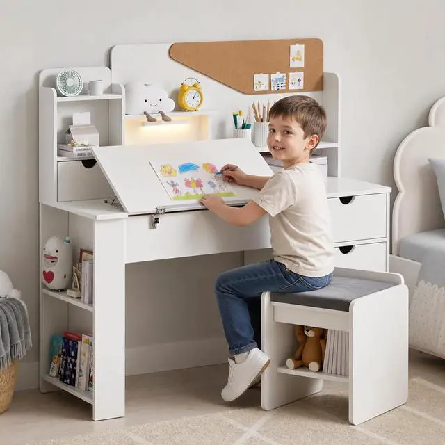 Main image of Kids Desk and Chair Set, Wooden Study Table with Tiltable Desktop, Hutch, Drawer & Storage Cabinet, Multi-Functional Writing Desk for Kids Ages 5-12, Ideal for Bedroom