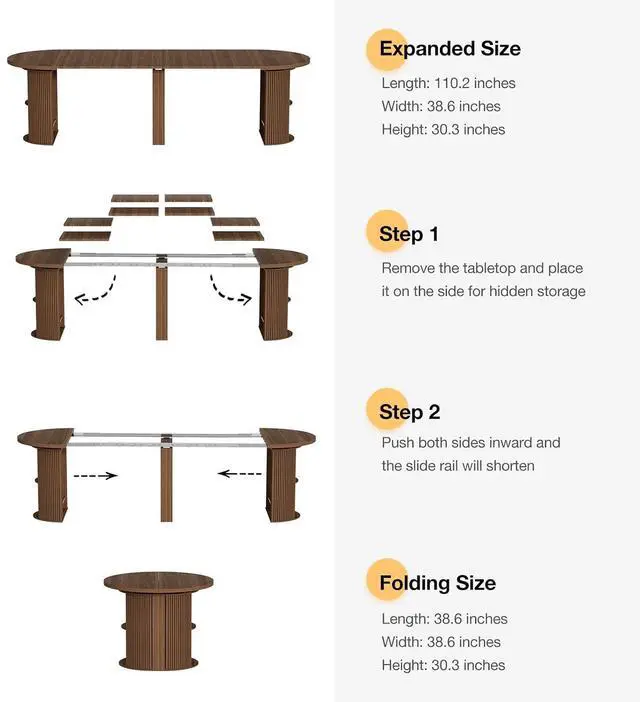 Alt view image 2 of 7 - Modern Extendable Round Dining Table with Storage | 38.6" to 110.2" Expandable Fluted Table for 2-12 People, Space Saving Table for Party, Meeting, Celebration