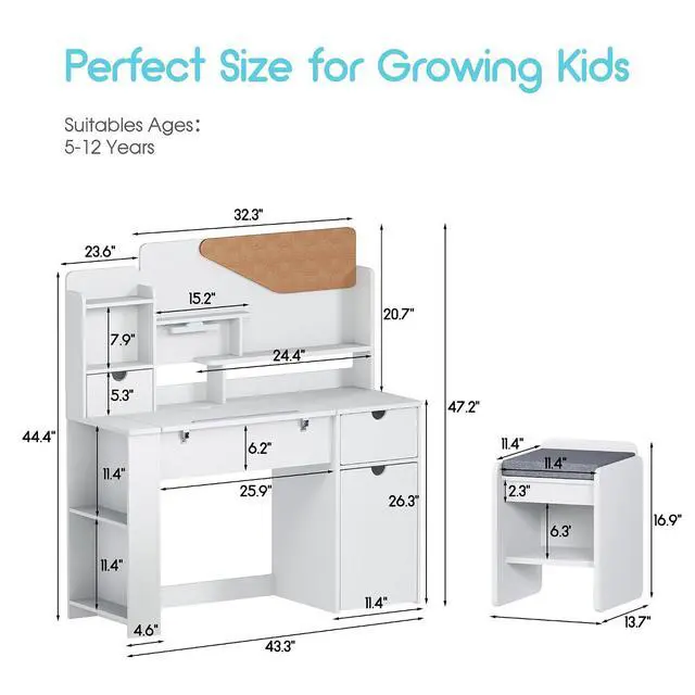Alt view image 5 of 7 - Kids Desk and Chair Set, Wooden Study Table with Tiltable Desktop, Hutch, Drawer & Storage Cabinet, Multi-Functional Writing Desk for Kids Ages 5-12, Ideal for Bedroom