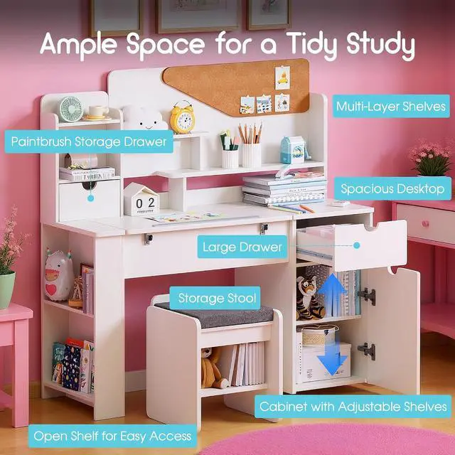Alt view image 4 of 7 - Kids Desk and Chair Set, Wooden Study Table with Tiltable Desktop, Hutch, Drawer & Storage Cabinet, Multi-Functional Writing Desk for Kids Ages 5-12, Ideal for Bedroom