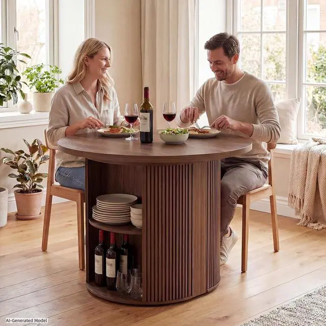 Alt view image 4 of 7 - Modern Extendable Round Dining Table with Storage | 38.6" to 110.2" Expandable Fluted Table for 2-12 People, Space Saving Table for Party, Meeting, Celebration