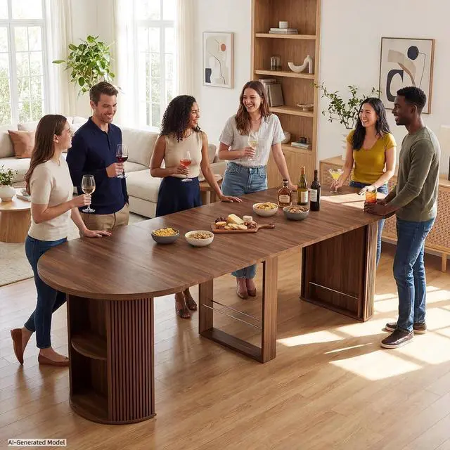 Alt view image 6 of 7 - Modern Extendable Round Dining Table with Storage | 38.6" to 110.2" Expandable Fluted Table for 2-12 People, Space Saving Table for Party, Meeting, Celebration