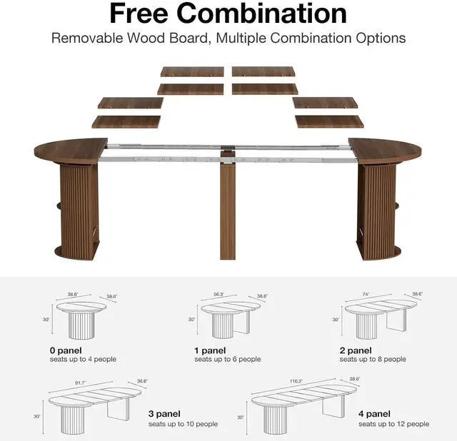 Alt view image 7 of 7 - Modern Extendable Round Dining Table with Storage | 38.6" to 110.2" Expandable Fluted Table for 2-12 People, Space Saving Table for Party, Meeting, Celebration