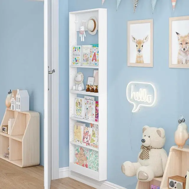 Alt view image 2 of 7 - 5-Tier Kids Bookshelf, Wall-Mounted Book Shelf with Adjustable Shelves & Hooks, Wooden Kids Bookshelf and Toy Storage, Space-Saving Behind Door Bookshelf for Kids' Rooms, Playroom, NurseryWhite