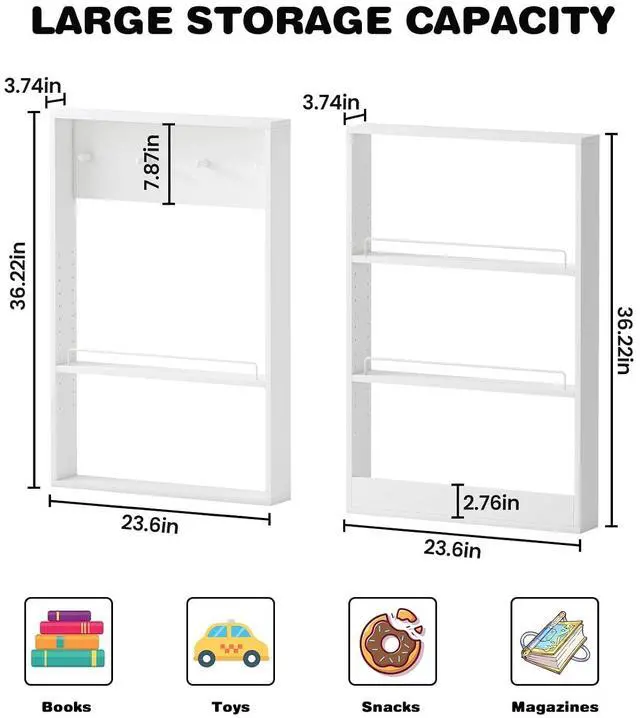 Alt view image 3 of 7 - 5-Tier Kids Bookshelf, Wall-Mounted Book Shelf with Adjustable Shelves & Hooks, Wooden Kids Bookshelf and Toy Storage, Space-Saving Behind Door Bookshelf for Kids' Rooms, Playroom, NurseryWhite