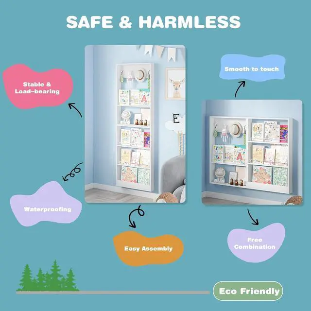 Alt view image 4 of 7 - 5-Tier Kids Bookshelf, Wall-Mounted Book Shelf with Adjustable Shelves & Hooks, Wooden Kids Bookshelf and Toy Storage, Space-Saving Behind Door Bookshelf for Kids' Rooms, Playroom, NurseryWhite