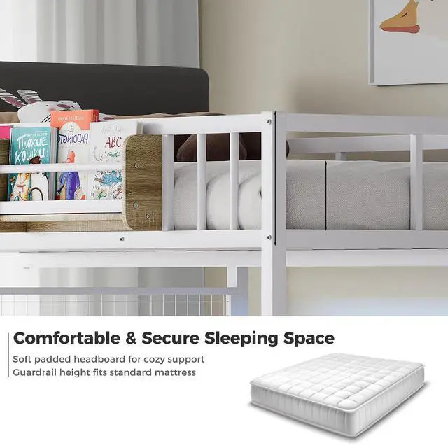 Alt view image 6 of 7 - Full Over Twin Loft Bunk Bed with Desk, Stairs, Drawers & Storage Shelves, L-Shaped Metal Bunk Bed with Charging Station & LED Light for Kids, Teens, Adults (Full Over Twin)