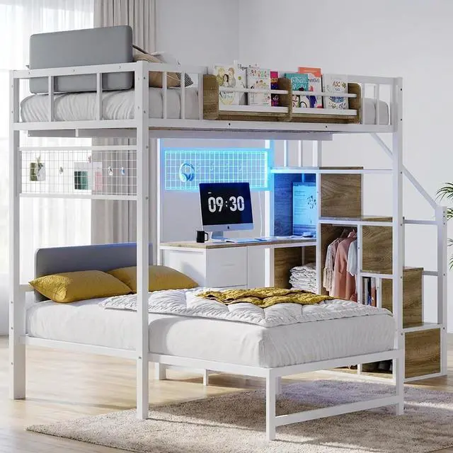 Main image of Twin Over Twin Loft Bunk Bed with Desk, Stairs, Drawers & Storage Shelves, L-Shaped Metal Bunk Bed with Charging Station & LED Light for Kids, Teens, Adults (Twin Over Twin)