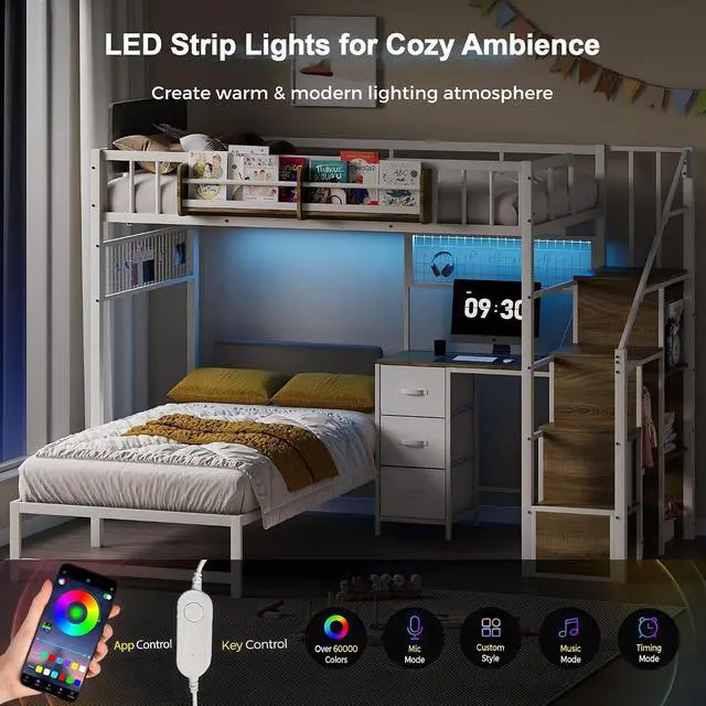 Alt view image 3 of 7 - Twin Over Twin Loft Bunk Bed with Desk, Stairs, Drawers & Storage Shelves, L-Shaped Metal Bunk Bed with Charging Station & LED Light for Kids, Teens, Adults (Twin Over Twin)