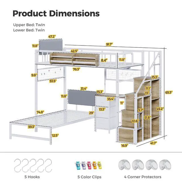 Alt view image 2 of 7 - Twin Over Twin Loft Bunk Bed with Desk, Stairs, Drawers & Storage Shelves, L-Shaped Metal Bunk Bed with Charging Station & LED Light for Kids, Teens, Adults (Twin Over Twin)