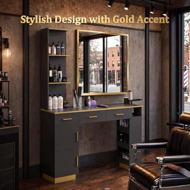 Alt view image 7 of 7 - Salon Station for Hair Stylists, Professional Barber Desk Styling Station with 2 Cabinets, 3 Drawers, Display Rack & Open Shelves, Salon Storage Cabinet for Barber Shop Spa Beauty, Wall Mount, Black