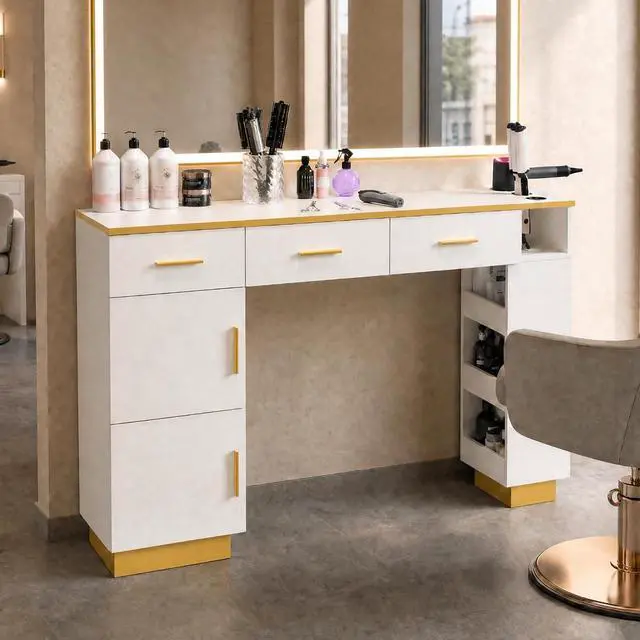 Main image of Salon Station for Hair Stylist, Freestanding Barber Desk with 2 Cabinets, 3 Drawers & Open Storage Shelves, Hair Salon Furniture for Salon, Spa & Beauty, White