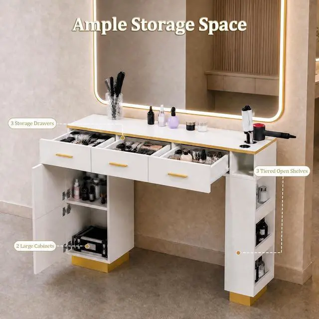 Alt view image 3 of 7 - Salon Station for Hair Stylist, Freestanding Barber Desk with 2 Cabinets, 3 Drawers & Open Storage Shelves, Hair Salon Furniture for Salon, Spa & Beauty, White