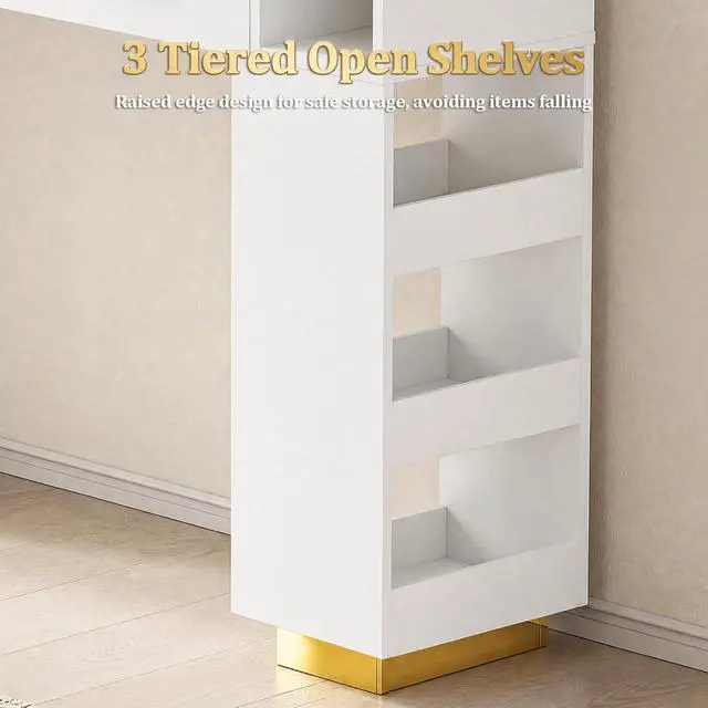 Alt view image 4 of 7 - Salon Station for Hair Stylist, Freestanding Barber Desk with 2 Cabinets, 3 Drawers & Open Storage Shelves, Hair Salon Furniture for Salon, Spa & Beauty, White