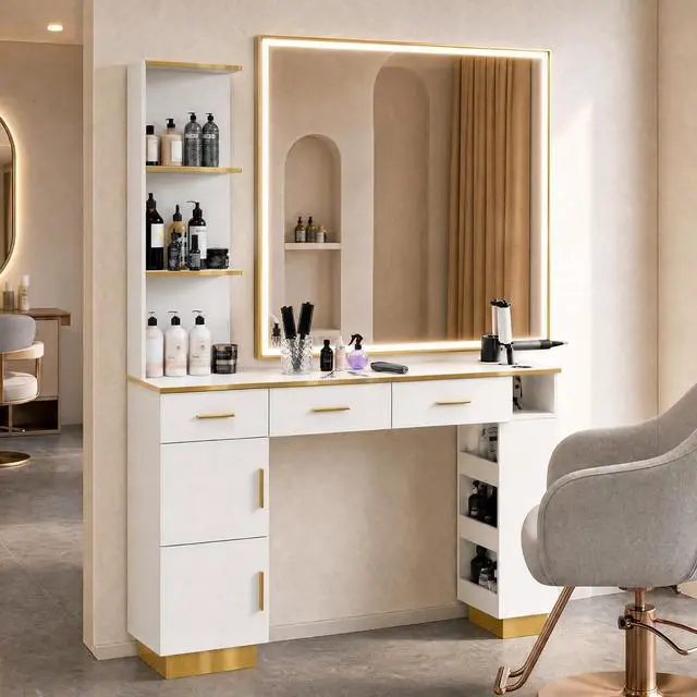 Main image of Salon Station for Hair Stylists, Professional Barber Desk Styling Station with 2 Cabinets, 3 Drawers, Display Rack & Open Shelves, Salon Storage Cabinet for Barber Shop Spa Beauty, Wall Mount, White