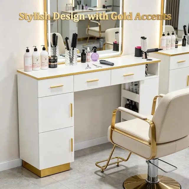 Alt view image 7 of 7 - Salon Station for Hair Stylist, Freestanding Barber Desk with 2 Cabinets, 3 Drawers & Open Storage Shelves, Hair Salon Furniture for Salon, Spa & Beauty, White