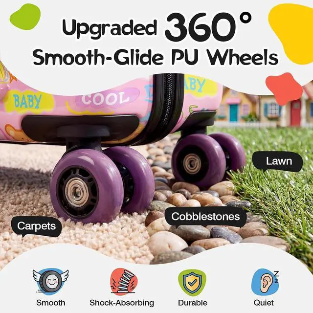 Alt view image 2 of 7 - 20" Kids Ride On Suitcase, Lightweight Hardshell Travel Luggage with Wheels | Child Safety Design, Built-In Safety Belt, Stable Footrest, 360° Spinner Wheels, TSA Lock, Cute Pattern, Organized Storage