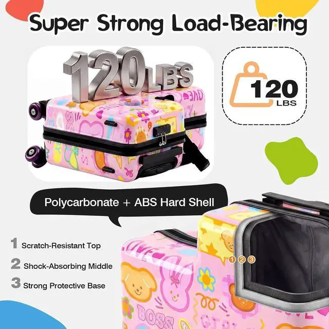 Alt view image 3 of 7 - 20" Kids Ride On Suitcase, Lightweight Hardshell Travel Luggage with Wheels | Child Safety Design, Built-In Safety Belt, Stable Footrest, 360° Spinner Wheels, TSA Lock, Cute Pattern, Organized Storage