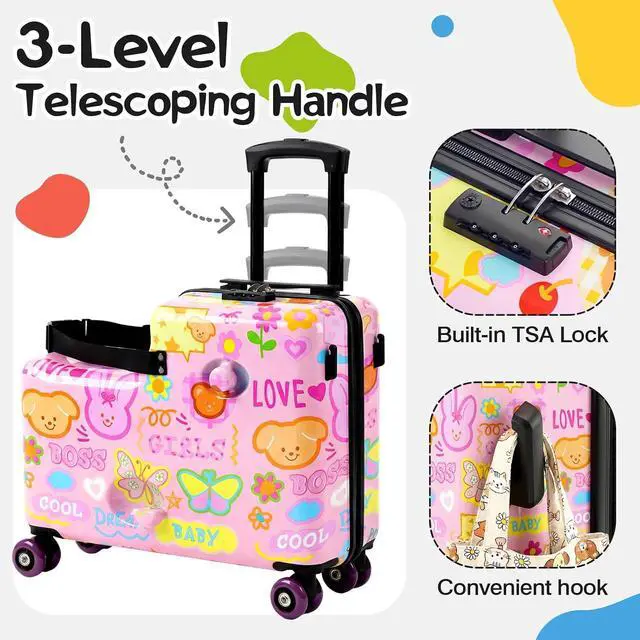 Alt view image 5 of 7 - 20" Kids Ride On Suitcase, Lightweight Hardshell Travel Luggage with Wheels | Child Safety Design, Built-In Safety Belt, Stable Footrest, 360° Spinner Wheels, TSA Lock, Cute Pattern, Organized Storage
