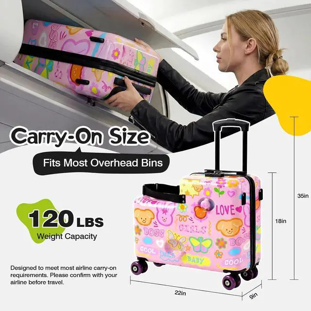 Alt view image 4 of 7 - 20" Kids Ride On Suitcase, Lightweight Hardshell Travel Luggage with Wheels | Child Safety Design, Built-In Safety Belt, Stable Footrest, 360° Spinner Wheels, TSA Lock, Cute Pattern, Organized Storage