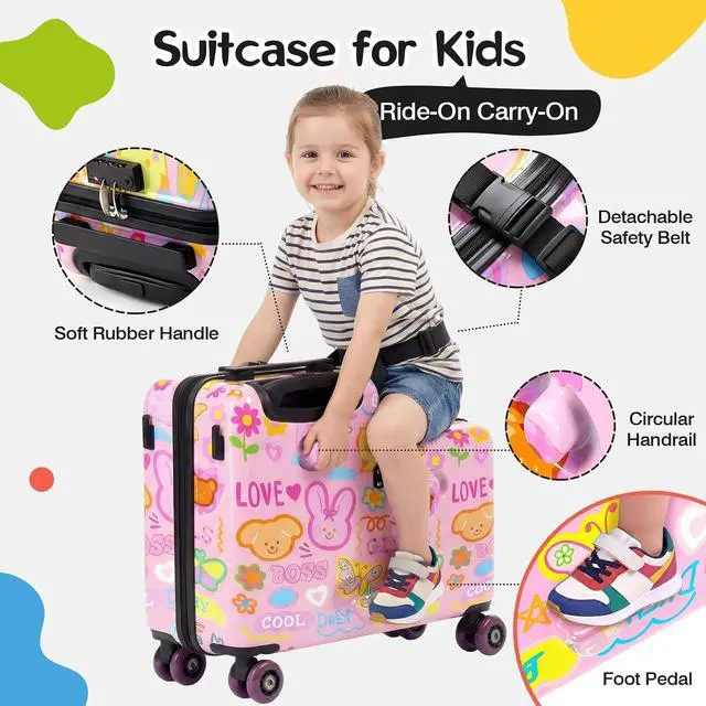 Alt view image 6 of 7 - 20" Kids Ride On Suitcase, Lightweight Hardshell Travel Luggage with Wheels | Child Safety Design, Built-In Safety Belt, Stable Footrest, 360° Spinner Wheels, TSA Lock, Cute Pattern, Organized Storage