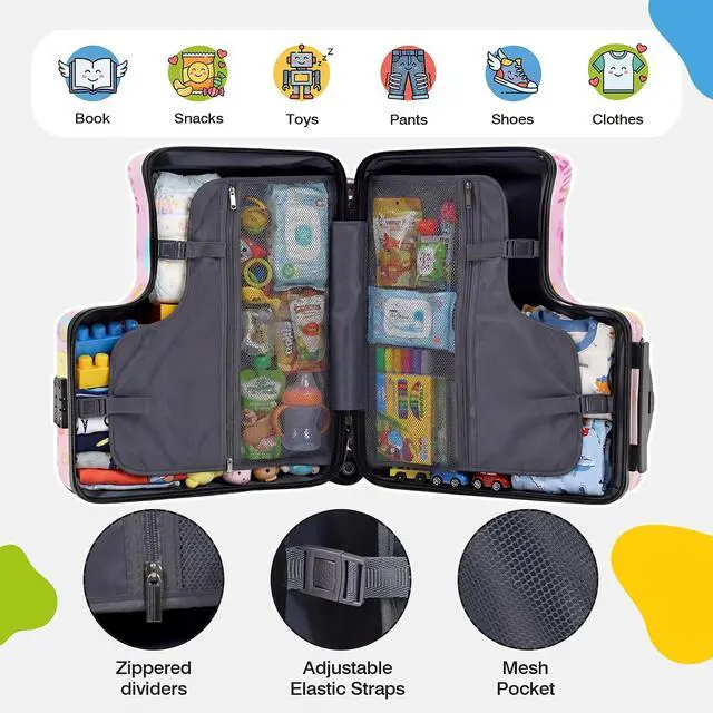 Alt view image 7 of 7 - 20" Kids Ride On Suitcase, Lightweight Hardshell Travel Luggage with Wheels | Child Safety Design, Built-In Safety Belt, Stable Footrest, 360° Spinner Wheels, TSA Lock, Cute Pattern, Organized Storage