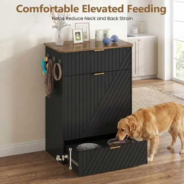 Alt view image 4 of 7 - Dog Feeding Station Cabinet, Elevated Feeder Bowl, Black, Classic Panel | Slow Feeder Insert, Large food bin, Removable Divider, 3 Side Hooks, Pull-Out Drawer, Easy to Clean for Small & Middle Dogs