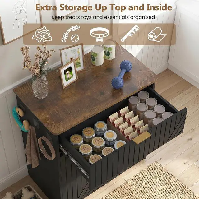 Alt view image 5 of 7 - Dog Feeding Station Cabinet, Elevated Feeder Bowl, Black, Classic Panel | Slow Feeder Insert, Large food bin, Removable Divider, 3 Side Hooks, Pull-Out Drawer, Easy to Clean for Small & Middle Dogs