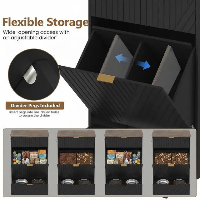 Alt view image 3 of 7 - Dog Feeding Station Cabinet, Elevated Feeder Bowl, Black, Classic Panel | Slow Feeder Insert, Large food bin, Removable Divider, 3 Side Hooks, Pull-Out Drawer, Easy to Clean for Small & Middle Dogs