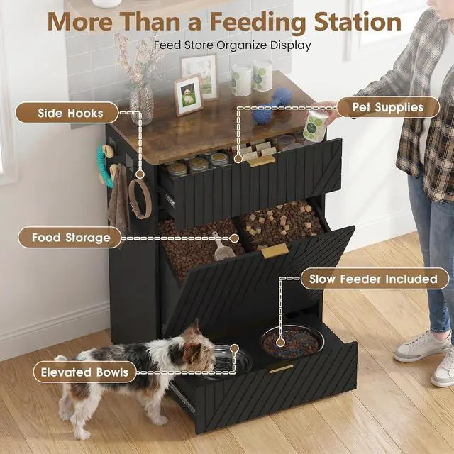 Alt view image 2 of 7 - Dog Feeding Station Cabinet, Elevated Feeder Bowl, Black, Classic Panel | Slow Feeder Insert, Large food bin, Removable Divider, 3 Side Hooks, Pull-Out Drawer, Easy to Clean for Small & Middle Dogs