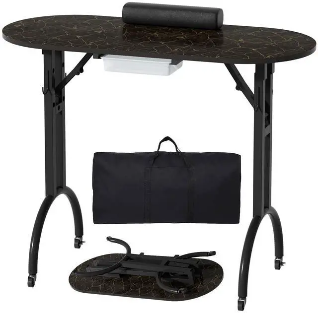 Main image of Foldable Nail Tech Desk, Portable Manicure Table for Home & Travel, Black | Portable Rolling Manicure Desk w/ Drawer, Mobile Foldable Nail Table, Wrist Cushion, Lockable Wheels, 4 Hooks, Carrying Case